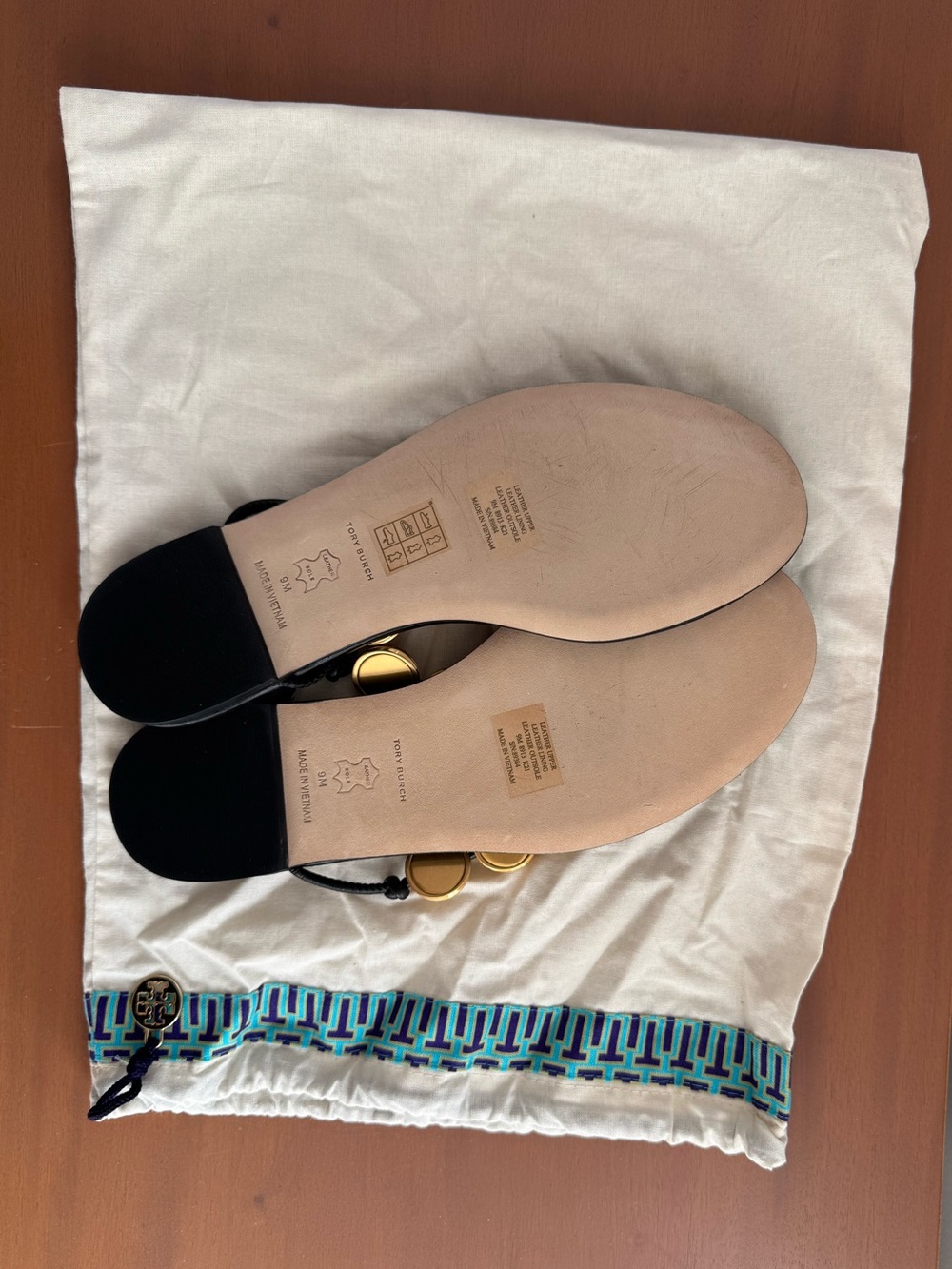 Tory Burch Black Leather Thong Sandals with Gold Button Beads - Picture 3 of 4